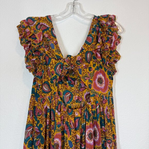 House of Harlow Floral Maxi Dress Mustard Back Open Tie Back Boho - Picture 5 of 9
